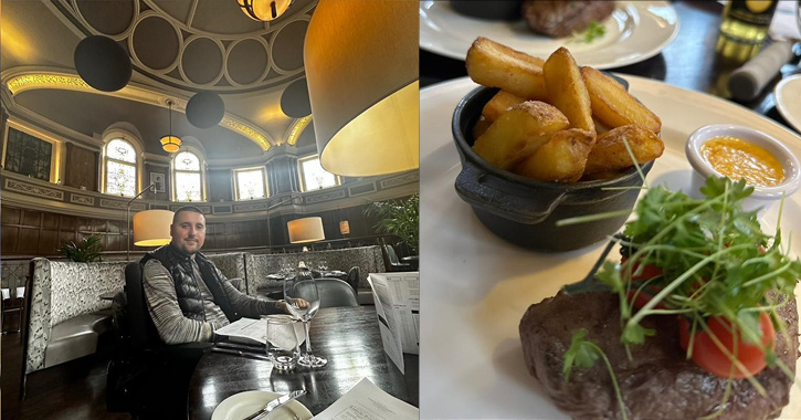 David, a wheelchair user smiling at the camera inside Marco Pierre restaurant, Durham and image of food served in restaurant.